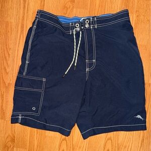 Tommy bahama men’s Navy Swim Trunks with Drawstring cargo pockets Sz M logo